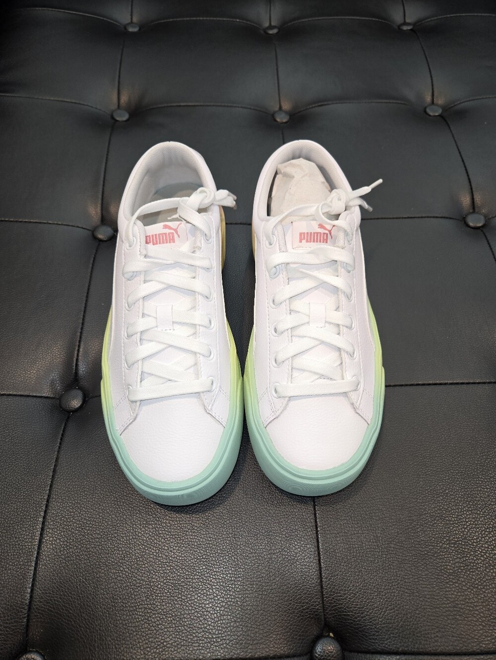 Puma White Sneakers with Mint and Yellow Gradient Sole